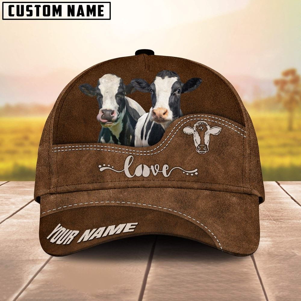 Holstein Love Leather Pattern Customized Name Cap Farmer Baseball Cap Gift For Farmer