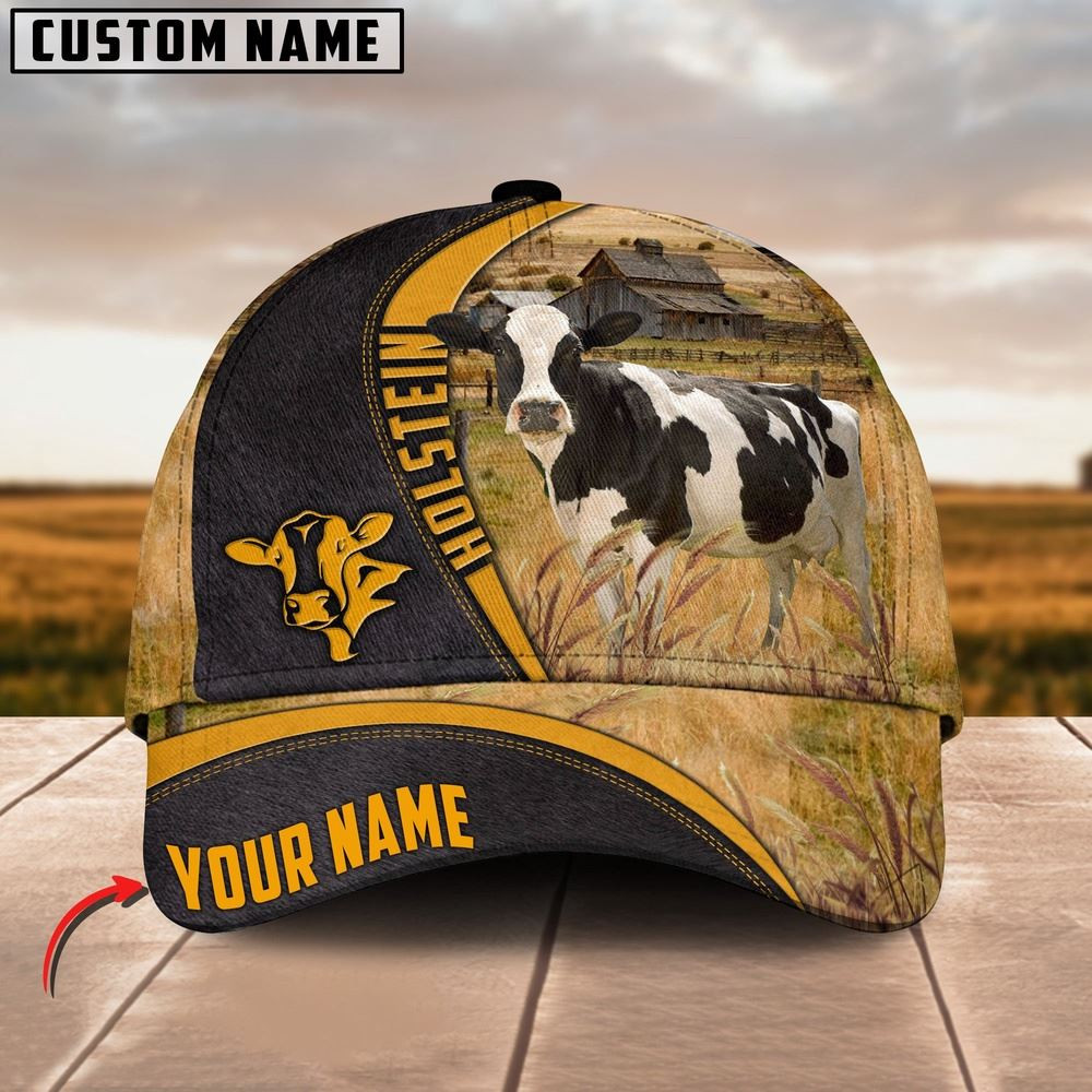 Holstein On Farm Black Yellow Leather Pattern Customized 3D Cap Farmer Baseball Cap Gift For Farmer
