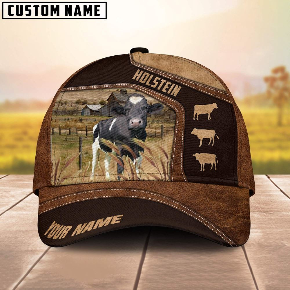 Holstein On Farm Brown Leather Pattern Customized 3D Cap Farmer Baseball Cap Gift For Farmer