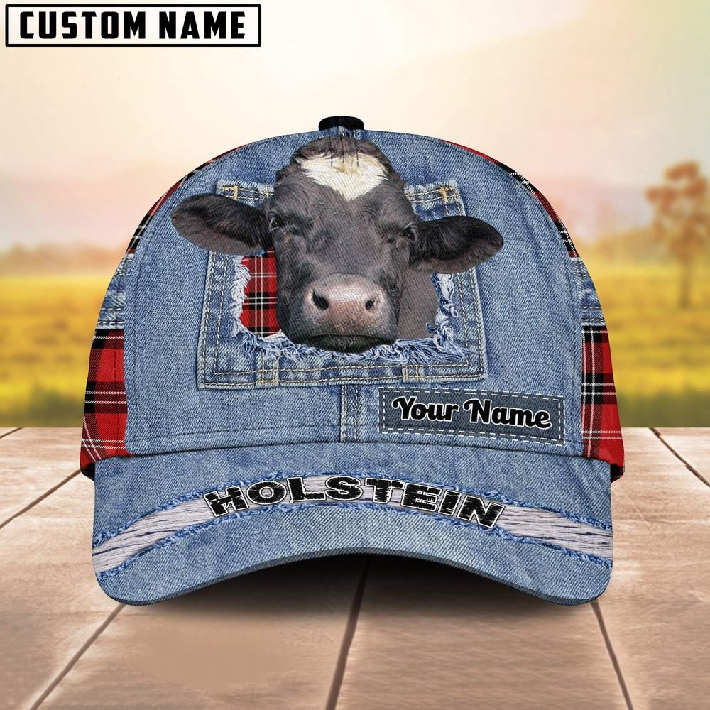 Holstein Overall Jeans Pattern And Red Caro Pattern Customized Name Cap Farmer Baseball Cap Gift For Farmer
