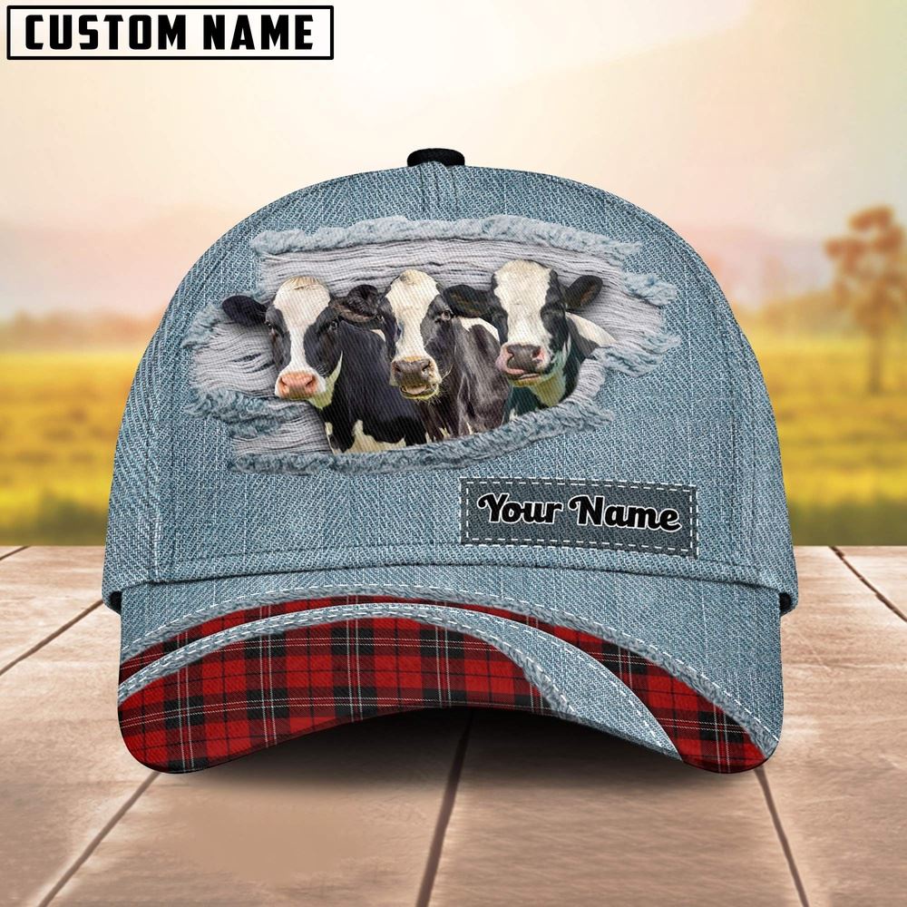 Holstein Red Caro And Jeans Pattern Customized Name Cap Farmer Baseball Cap Gift For Farmer