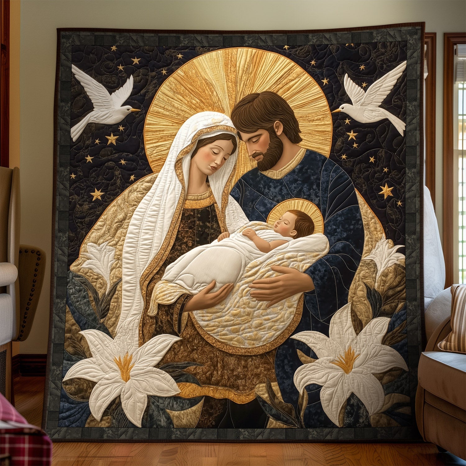 Holy Birth Scene Quilted Blanket Christian Christmas Gifts