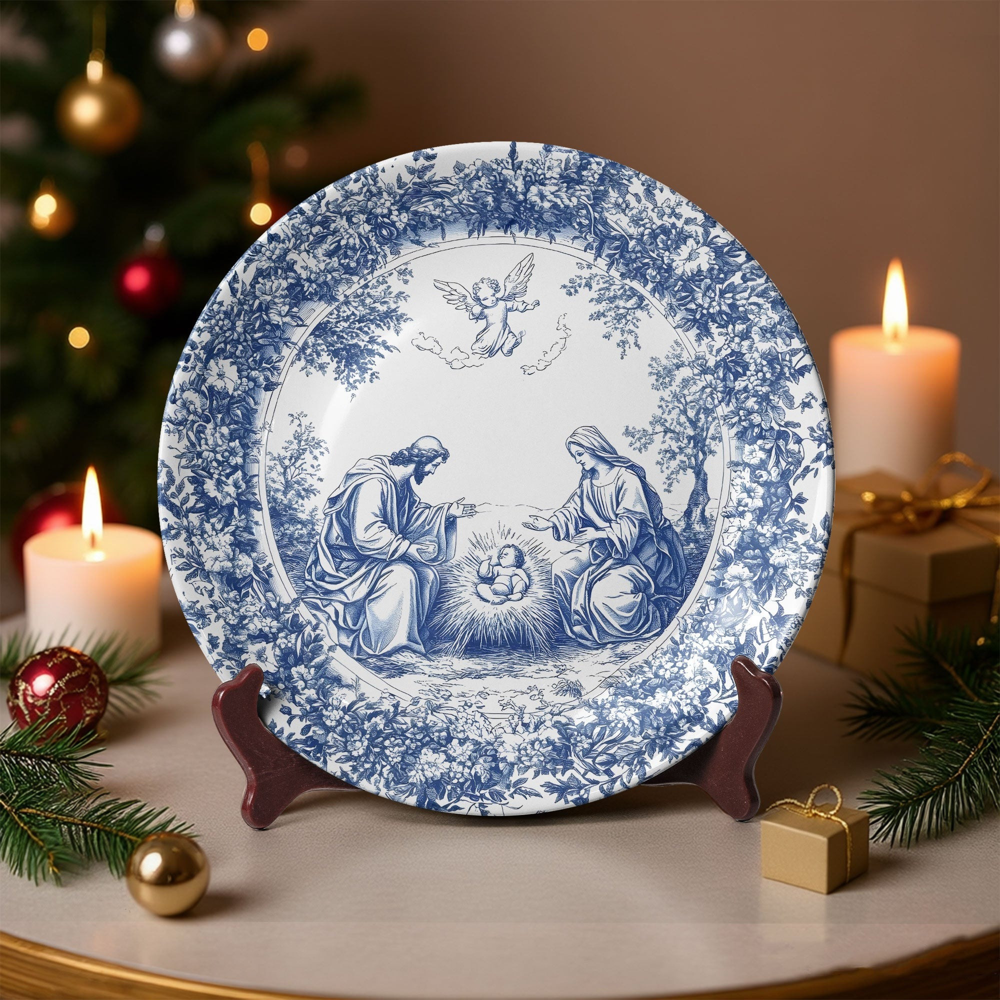 Holy Family Blue Ceramic Plate Nativity Scene Christmas Decor Merch Christian Gift Ideas