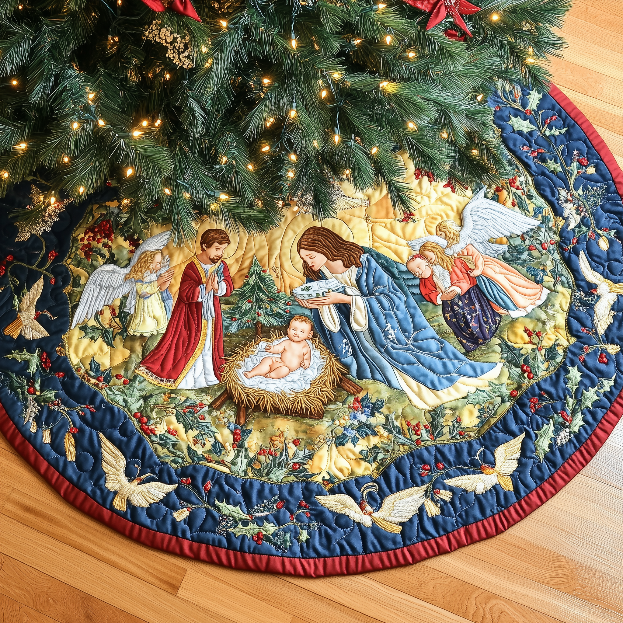 Holy Family Christmas Tree Skirt Quilted Nativity Scene Holiday Decoration and Gift