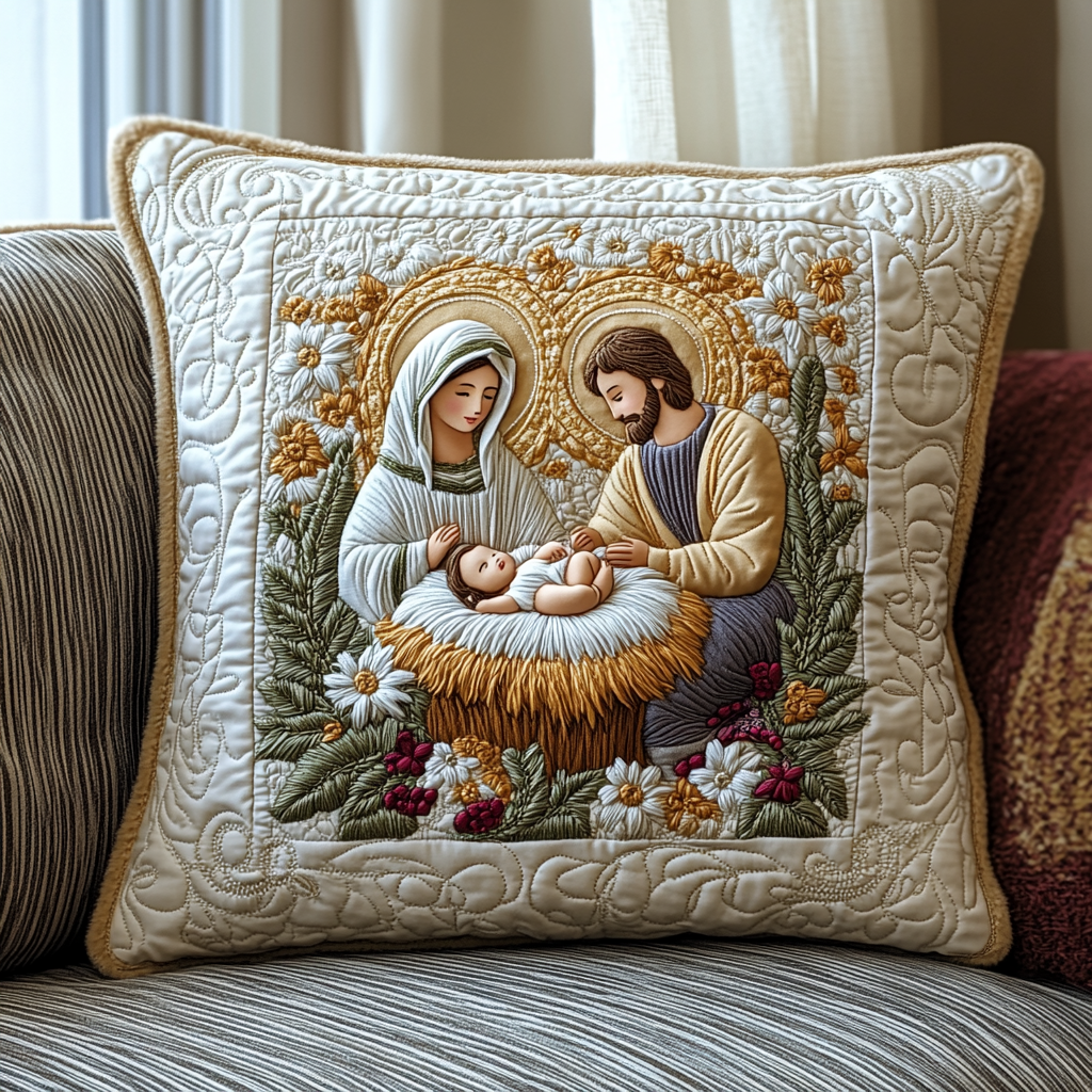 Holy Family Quilted Pillow Case Christmas Pillow Cover Gift Idea