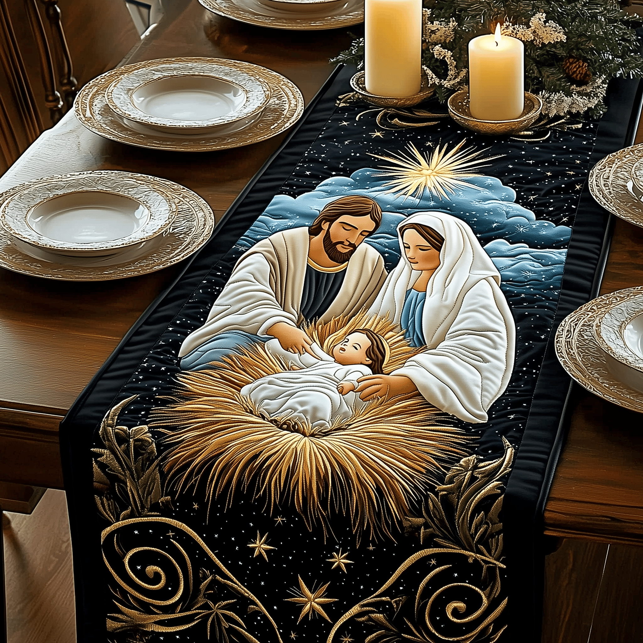 Holy Family Quilted Table Runner Faith Christian Stuff Indoor Christmas Decorations