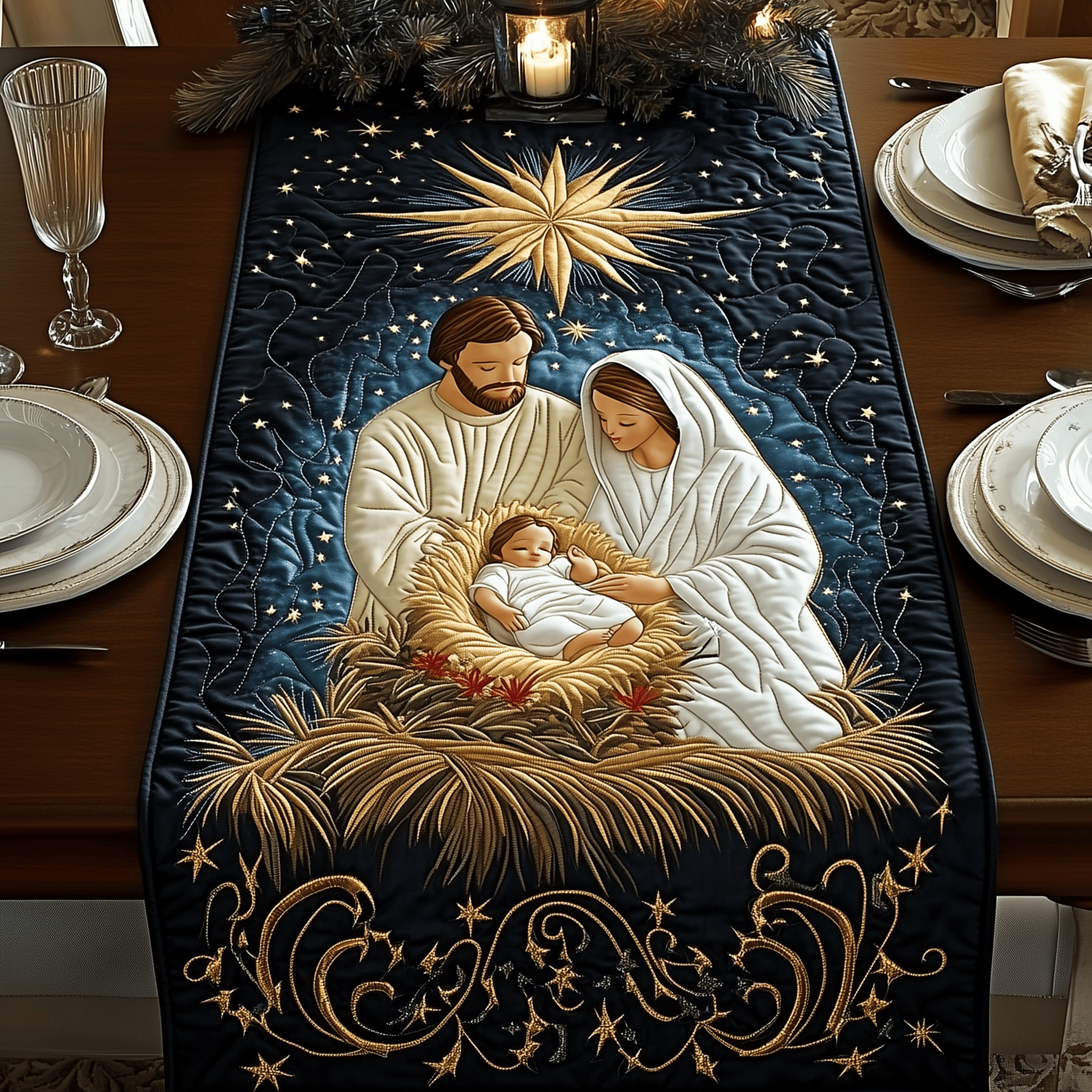 Holy Family Quilted Table Runner Nativity Faith Christian Indoor Christmas Decorations
