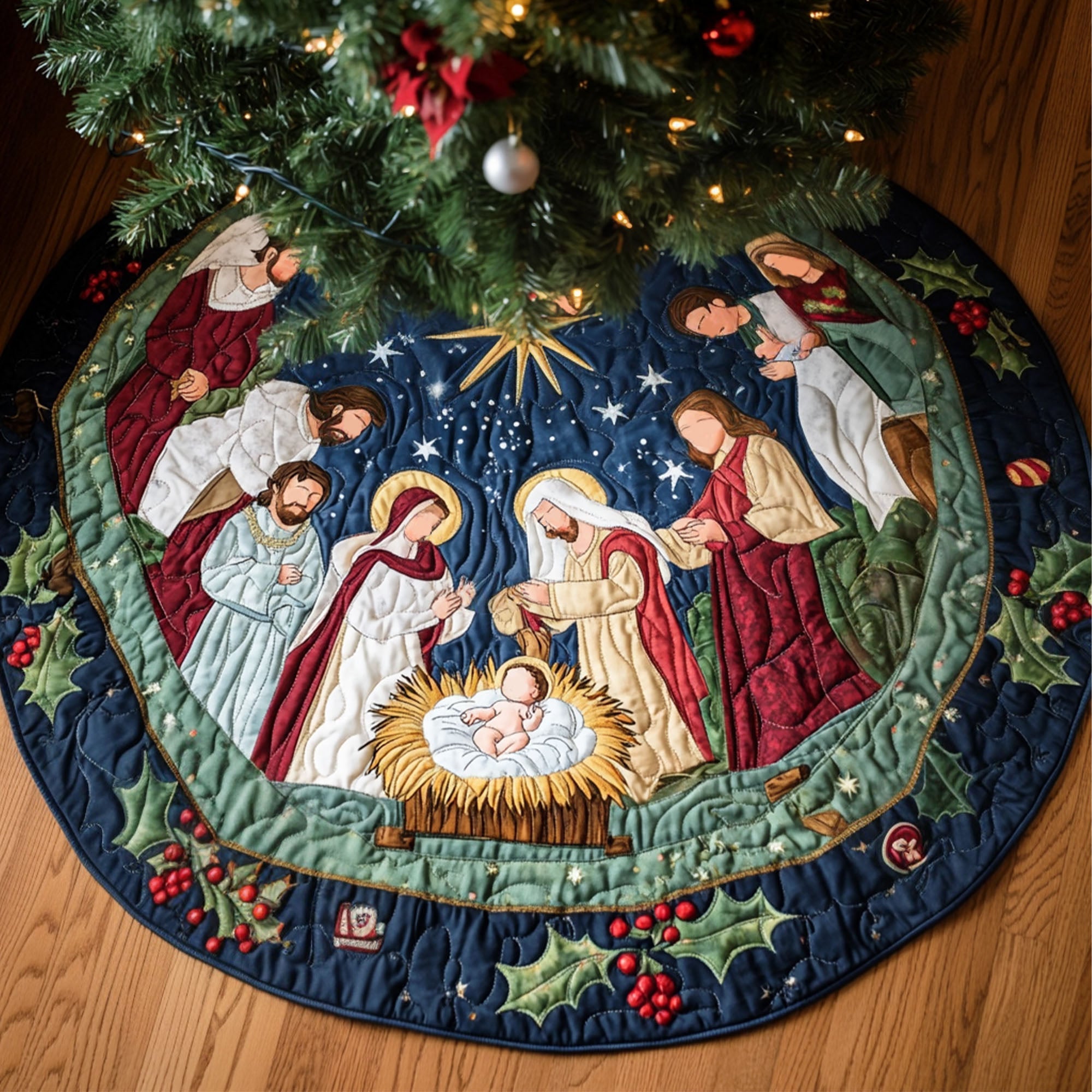 Holy Gathering Quilted Christmas Tree Skirt Festive Tree Base Cover Festive Christmas Home Styling