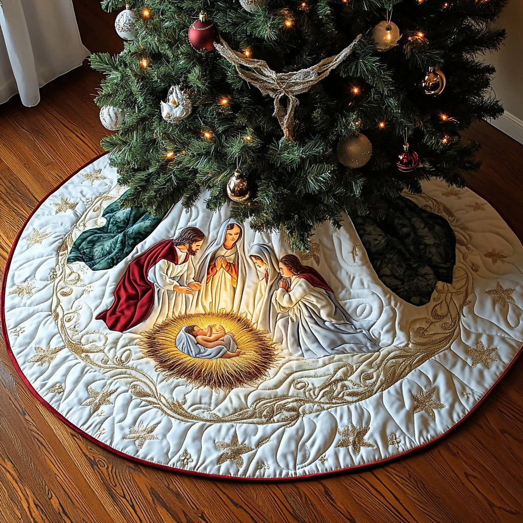Holy Infant Christmas Quilted Tree Skirt Trending Christmas Tree Skirt Merch 2025