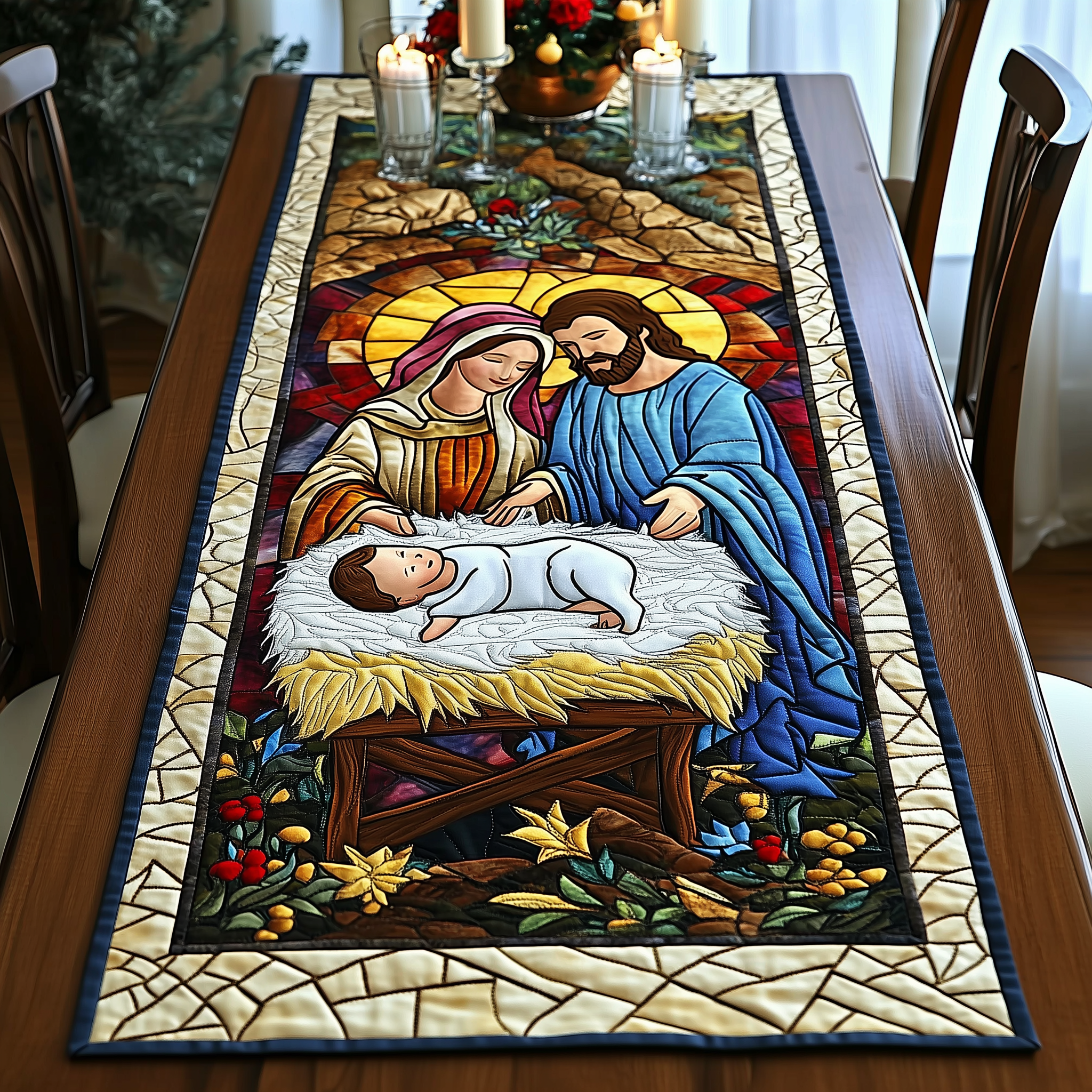 Holy Night Blessings Quilted Table Runner Nativity Christian Stuff Indoor Home Christmas Decorations