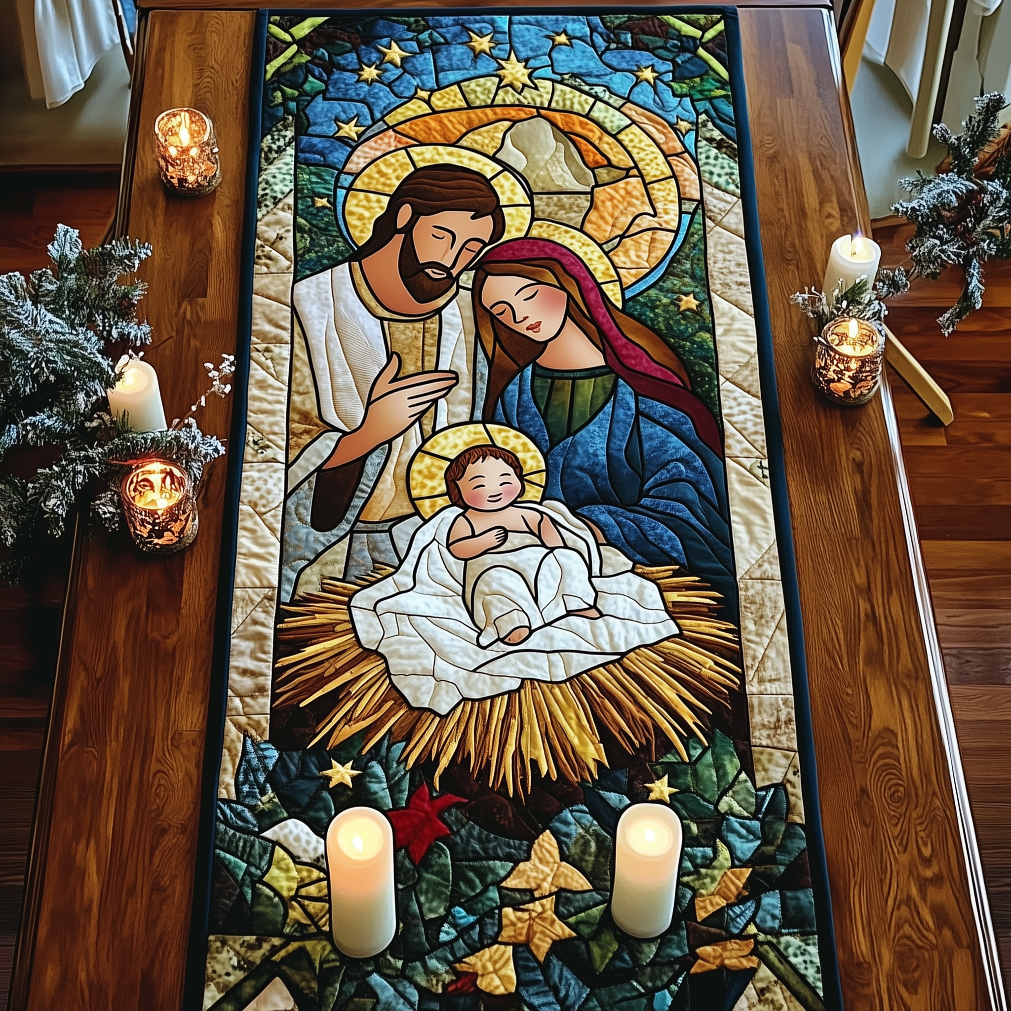 Holy Night Blessings Quilted Table Runner Nativity Christian Stuff Indoor Home Christmas Decorations