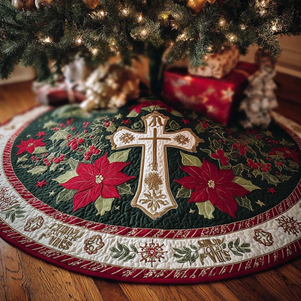 Holy Night Cross Christmas Quilted Tree Skirt Home Decor Holiday Tree Skirt Meaningful Gifts
