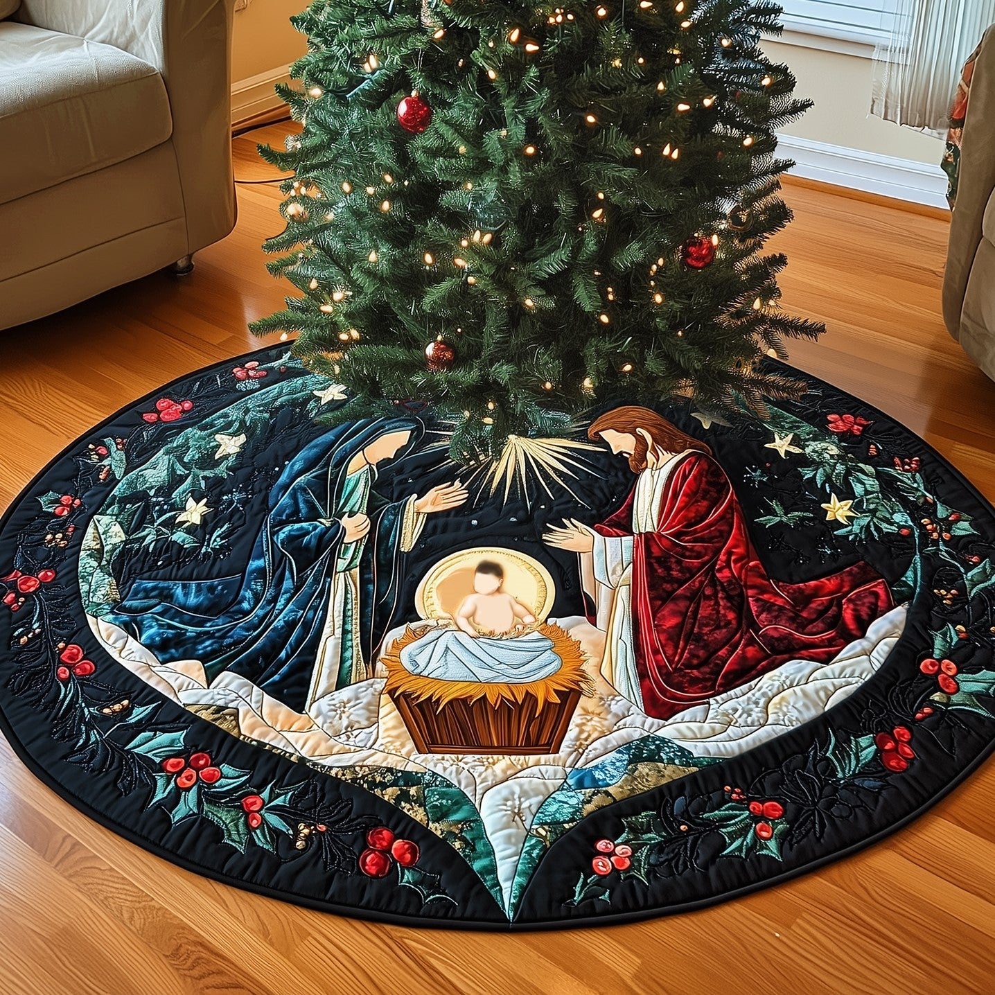 Holy Night Glory Quilted Christmas Tree Skirt Popular Gift Merch for Christmas Enthusiasts