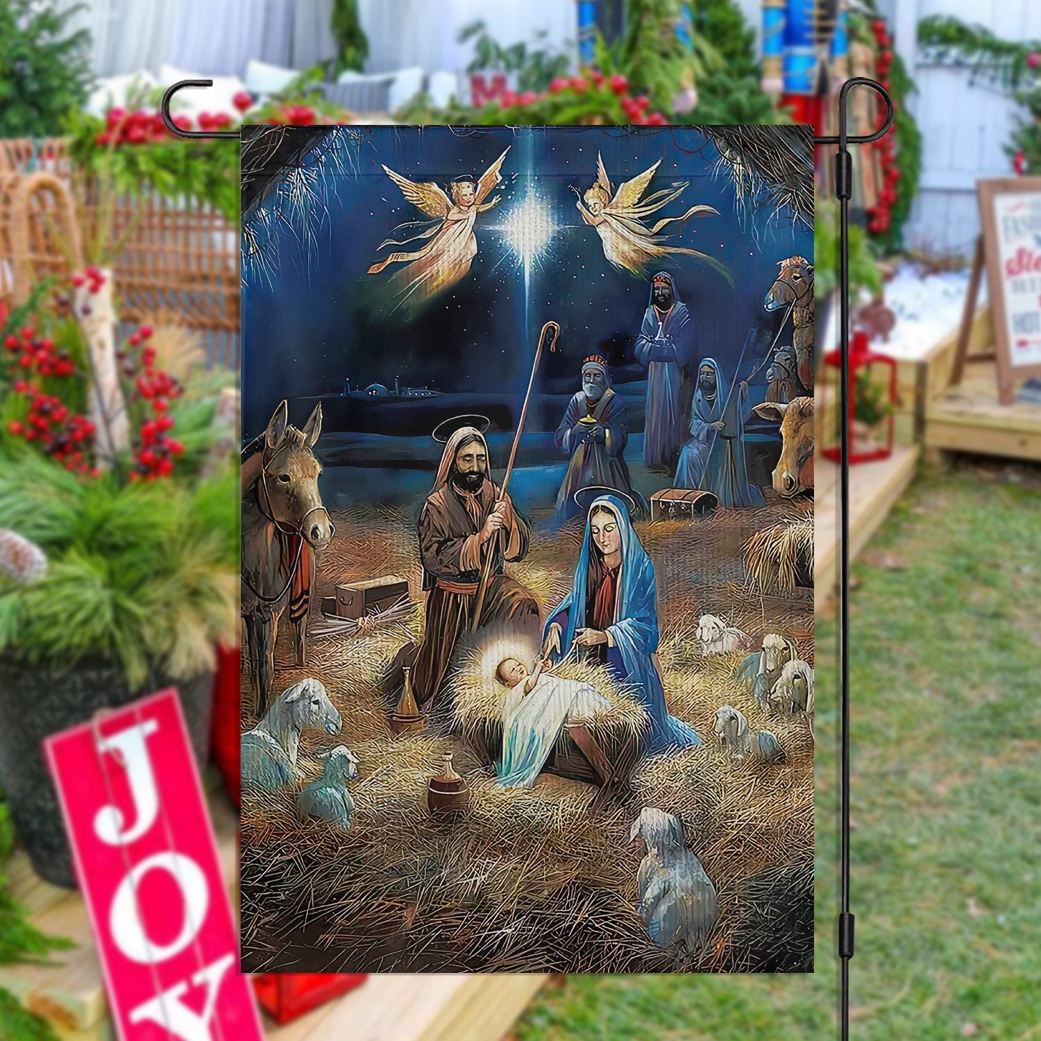 Holy Night Scene A Birth Of Our Lord Flag Nativity Xmas Gift For Christians Lovers