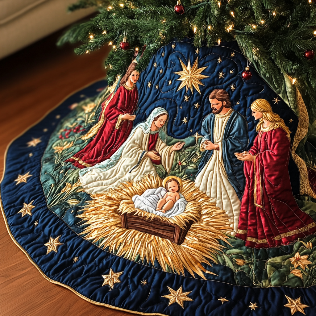 Holy Night Skirt Christmas Quilted Tree Skirt Nativity Scene Christmas Tree Skirt Decor
