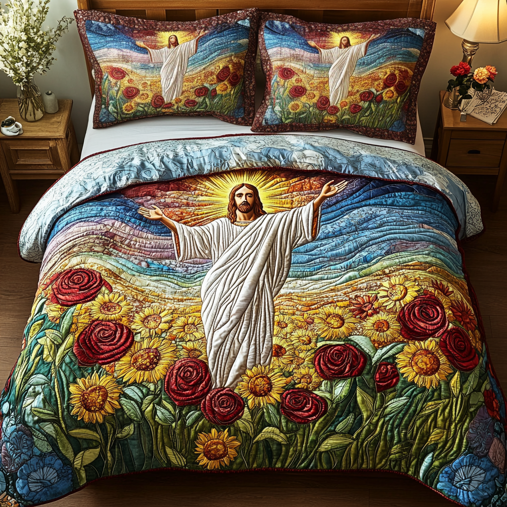 Holy Sunrise Quilted Bedding Set Bedroom Decorations Christian Christmas Gifts For Family