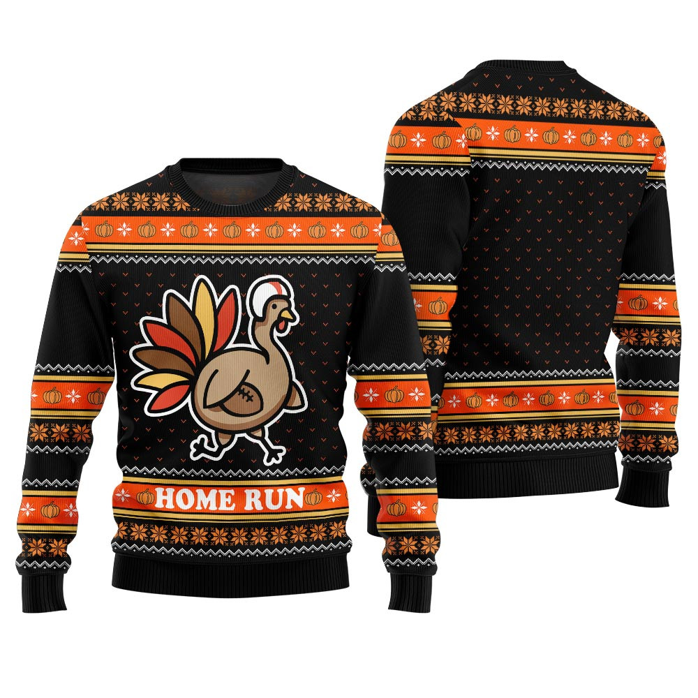 Home Run Turkey Thanksgiving Sweater Black Funny Xmas Sweater for Ugly Sweater Parties