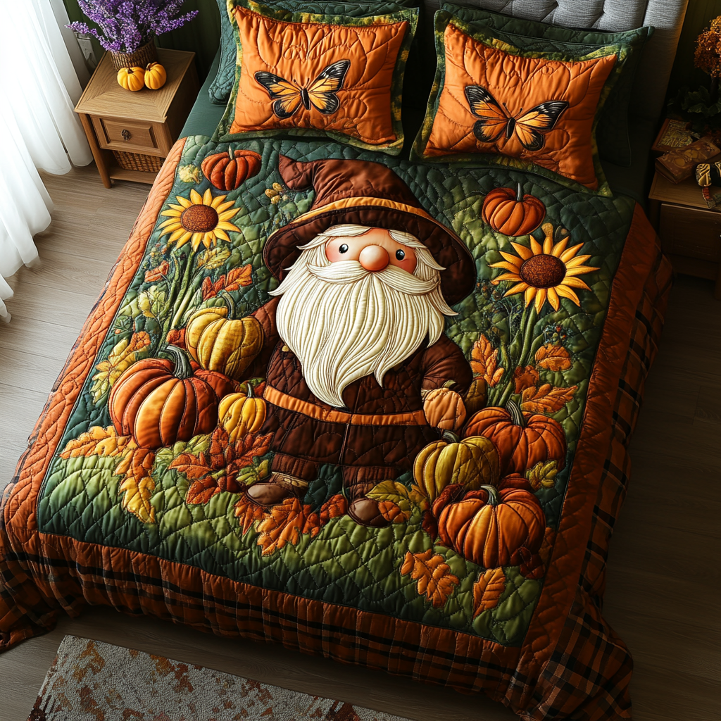 Home with the Harvest Gnomes Quilted Bedding Set Cute Room Decor Autumn Gift Ideas