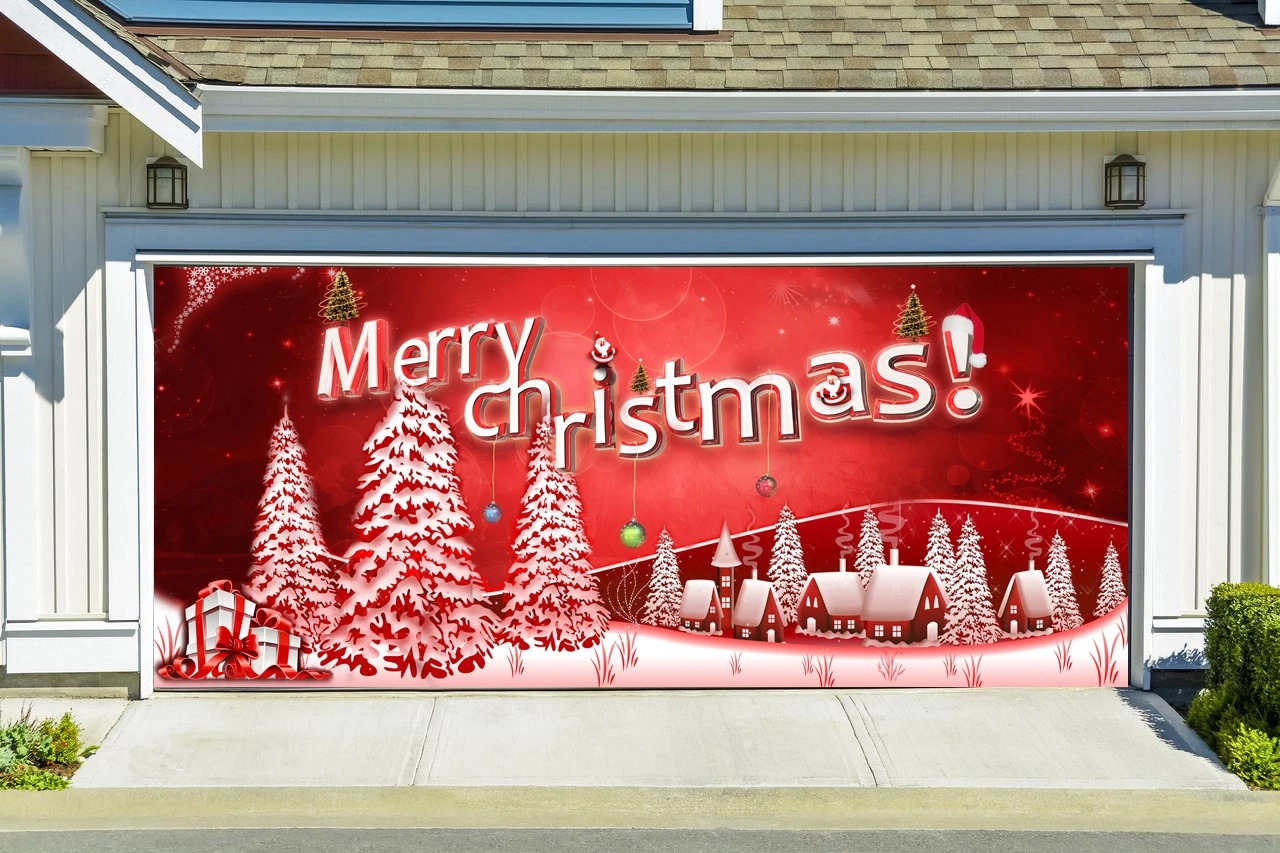 Hometown Merry Christmas Garage Door Cover Outdoor Home Decorations Red Christmas Gifts