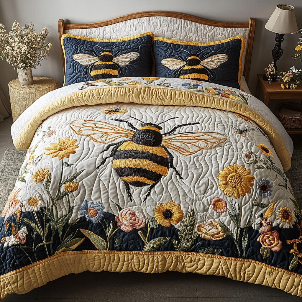 Honey Buzz Quilted Bedding Set Bed Decorations Bumblebee Gifts For Her