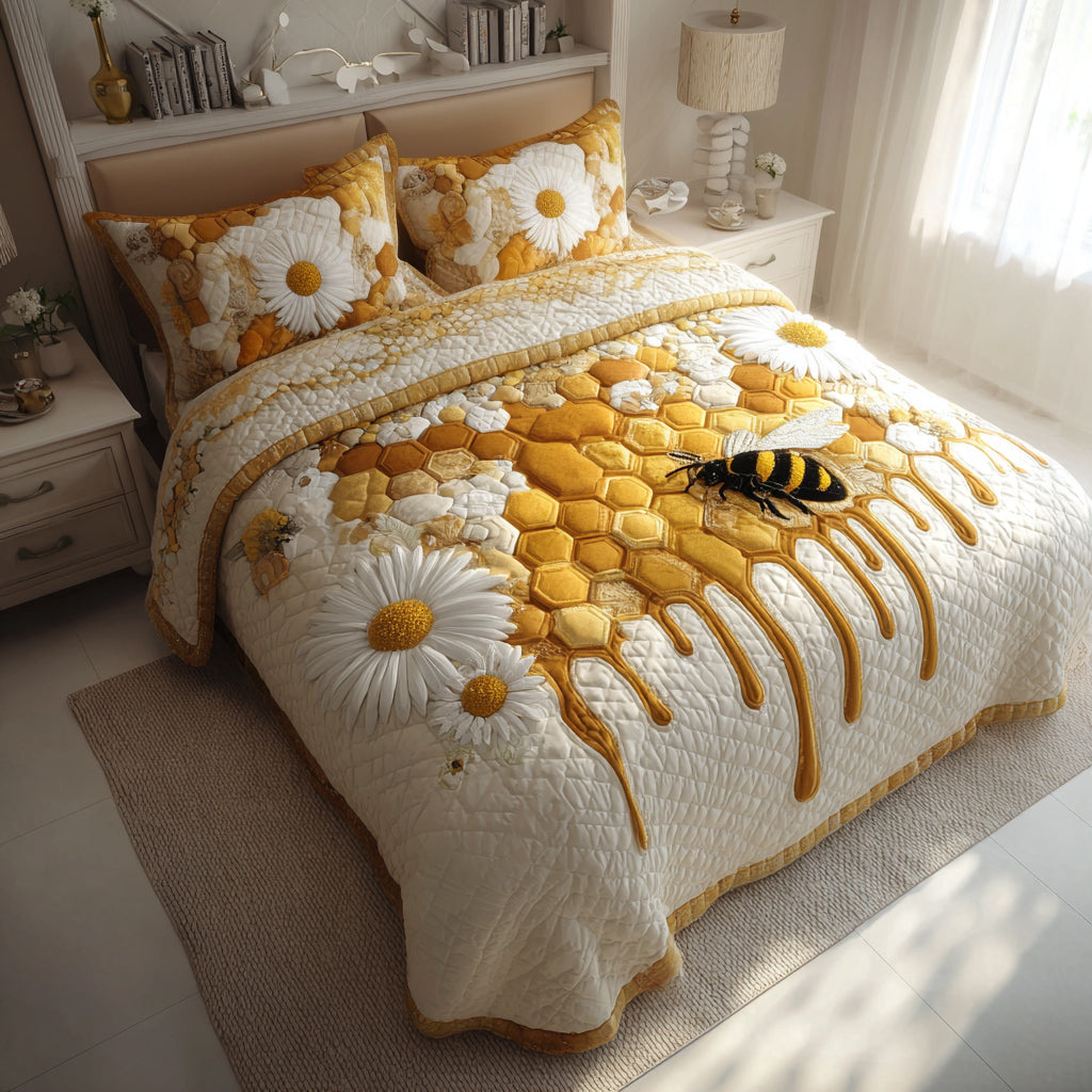 Honey Drip Bee Quilted Bedding Set Comfortable Microfiber Bedding Set for Everyday Use