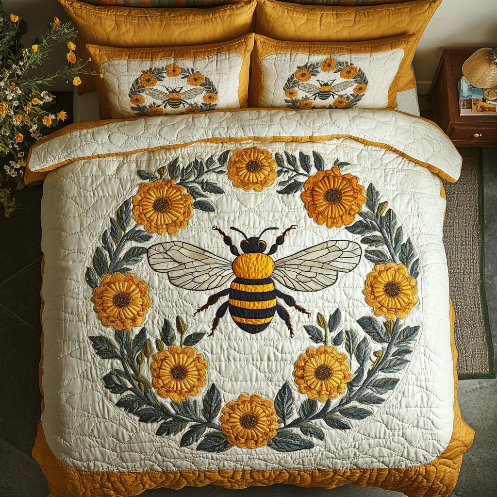 Honeybee Floral Quilted Bedding Set Best Comforter Sets Gifts For Bee Lovers