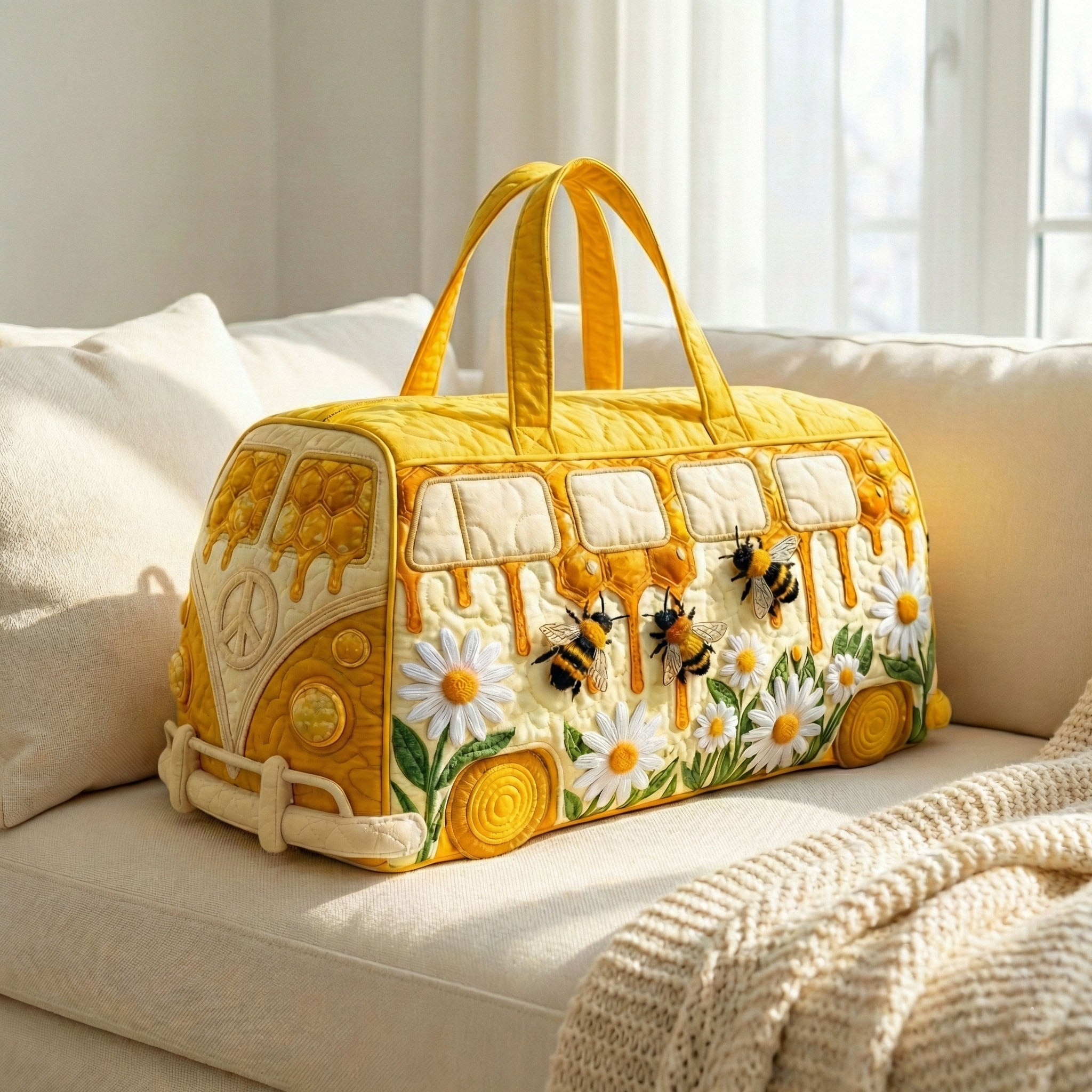 Honeybee Van Quilted Duffle Bag Yellow Bumble Bee Daisy Flower Travel Bag Best Gift For Bee Lovers