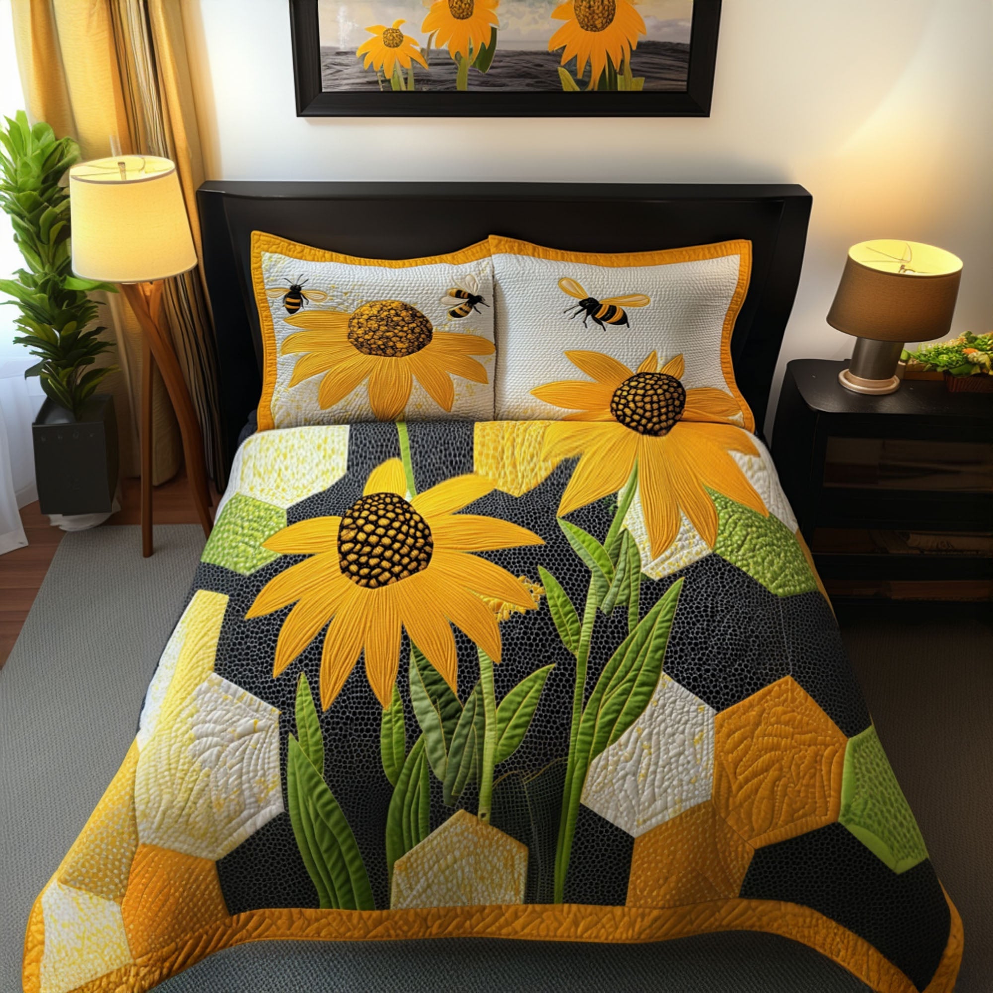Honeyed Blooms Quilted Bedding Set Cozy Bedroom Decor Bee Gifts For Him