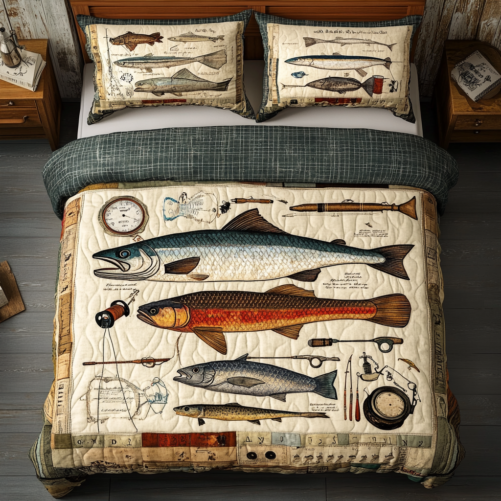 Hook Line Quilted Bedding Set Best Bedspread Set Gift Ideas For Fishing Lovers