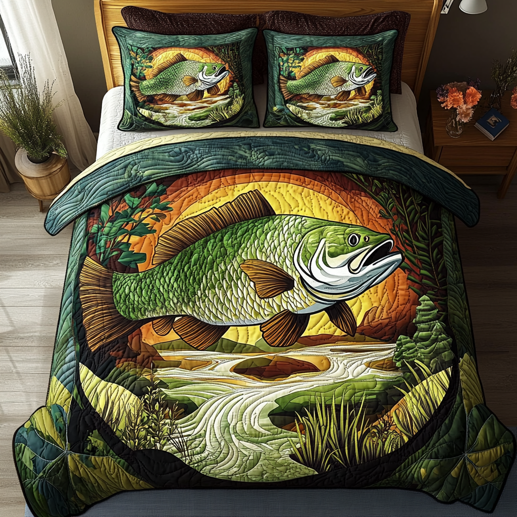 Hooked and Landed Quilted Bedding Set Bed Room Decoration Fishing Gifts For Him