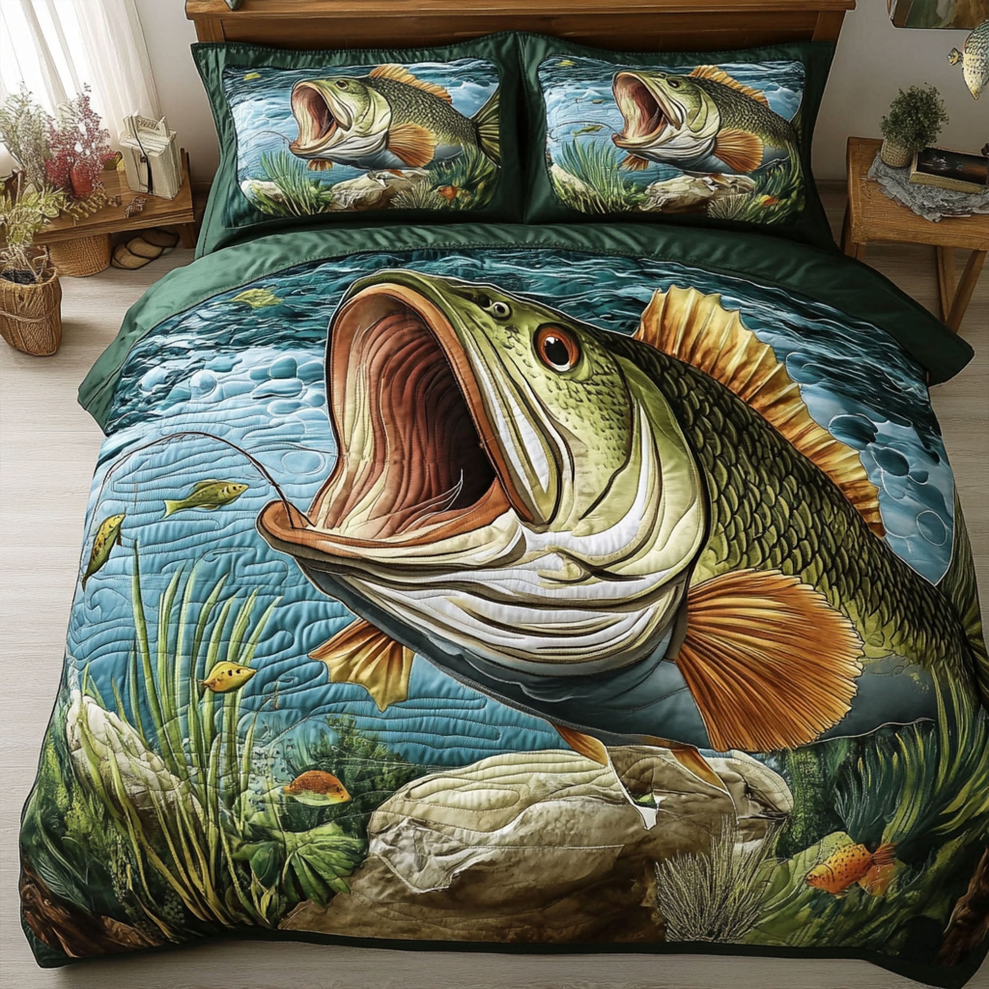 Hooked Bass Quilted Bedding Set Best Comforter Sets Gifts For Fishing Lovers