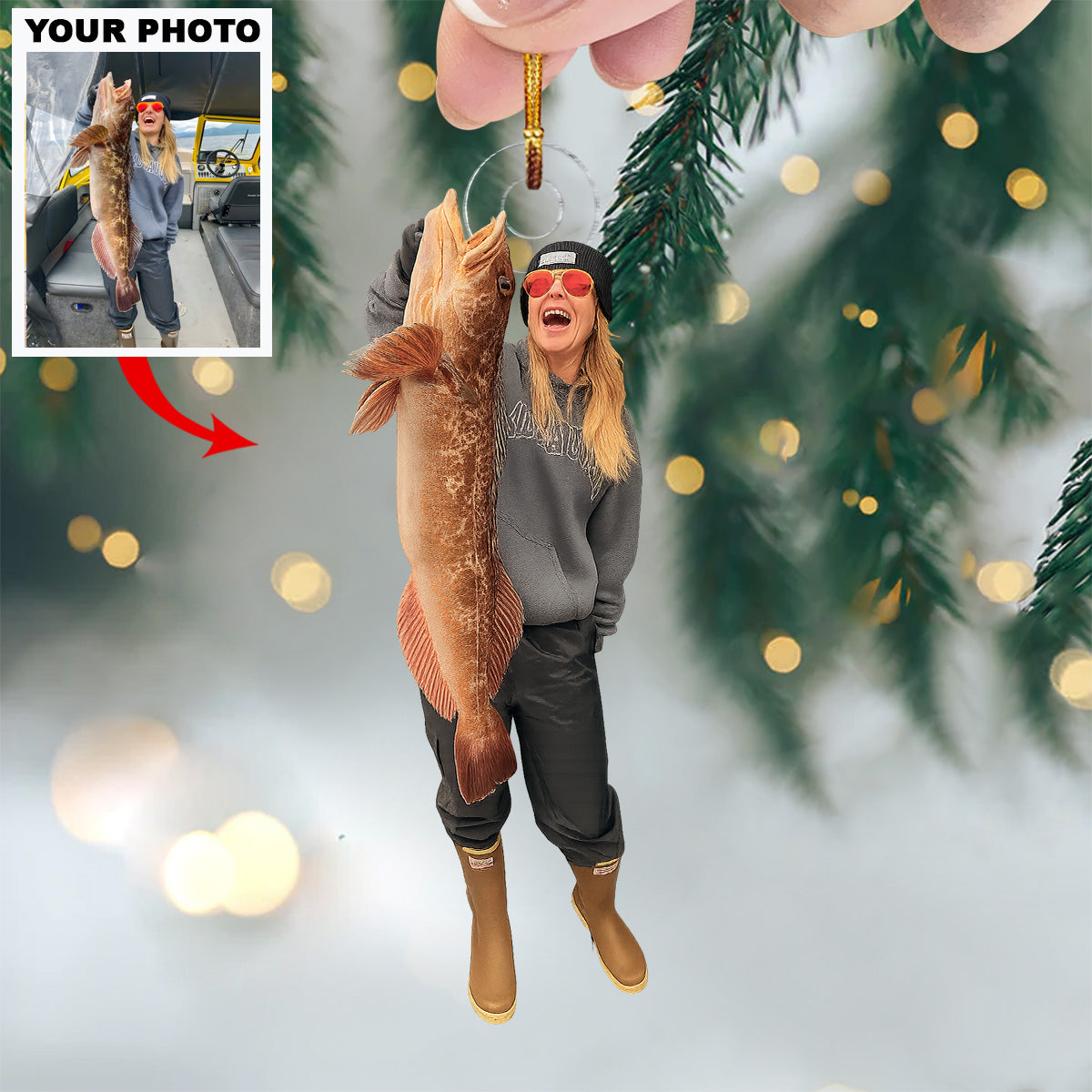 Hooked On Fishing Personalized Photo Mica Ornament Christmas Gift For Anglers And Fish