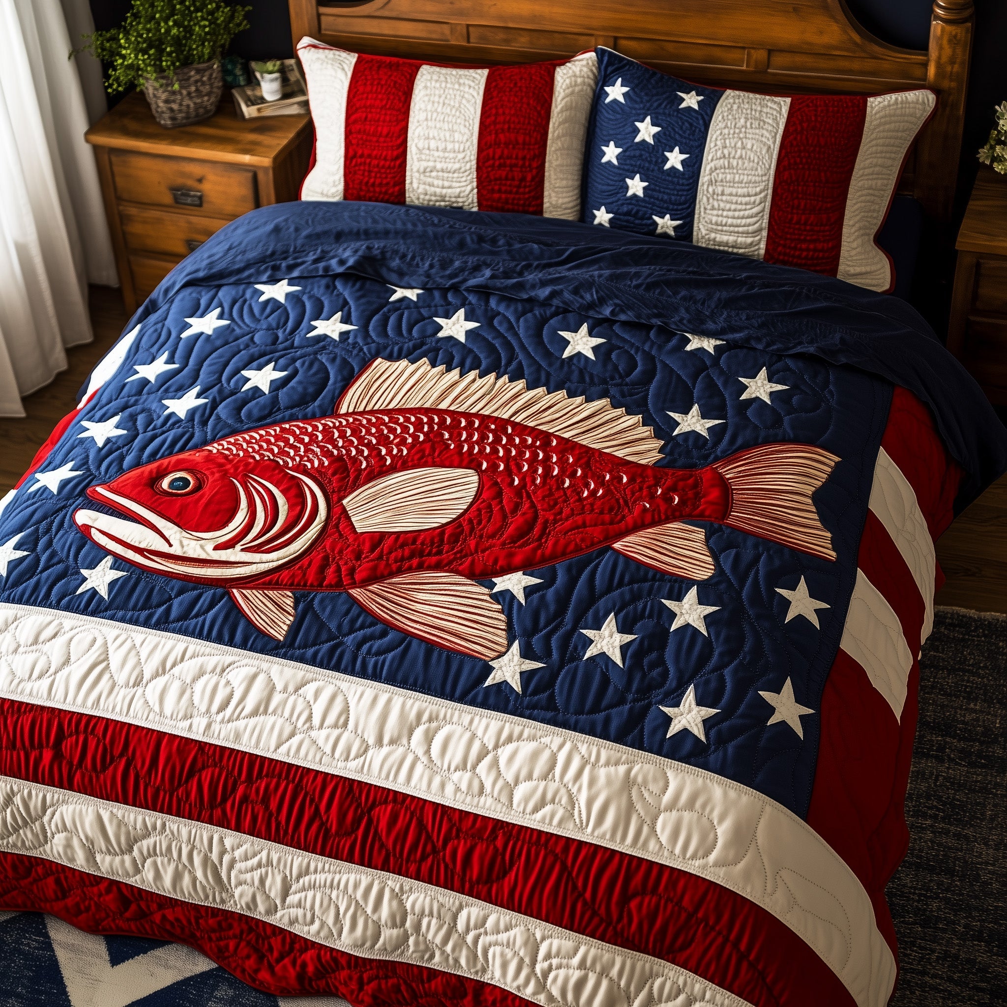 Hooked on Freedom Quilted Bedding Set Duvet Cover Bed Sheet Unique Best Gifts For Fishing Lovers
