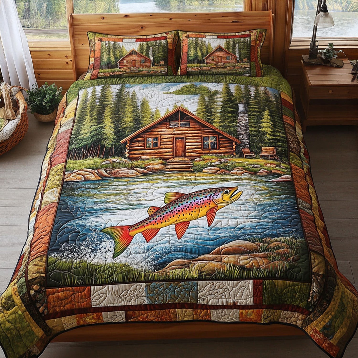 Hooked on the Lake Quilted Bedding Set Best Bed Sheet Set Cool Gifts For Fishermen