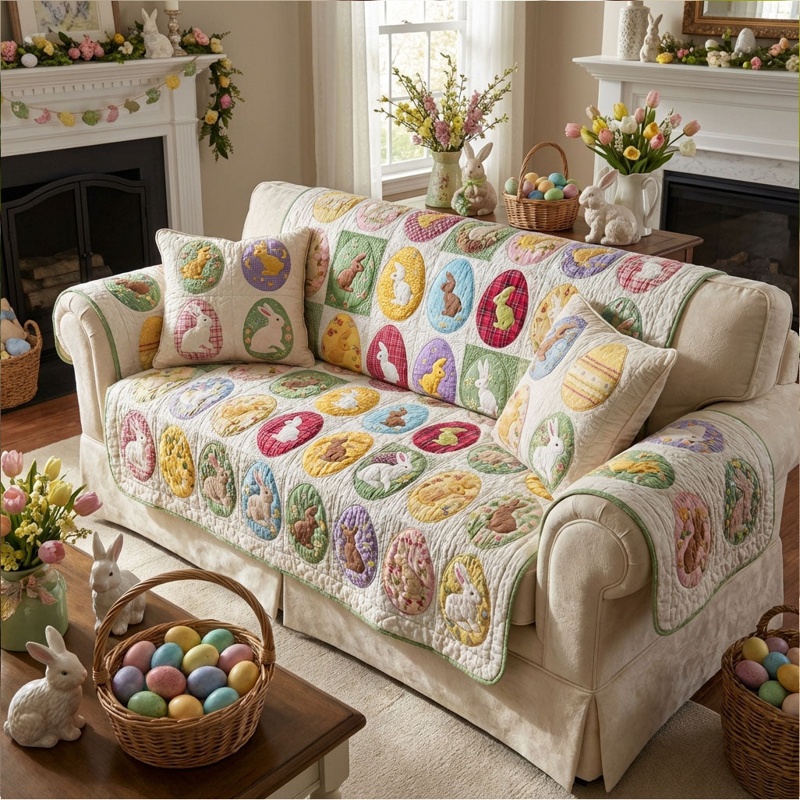Hop Into Bloom Quilted Sofa Cover Easter Spring Furniture Decor Gift For Bunny Lovers