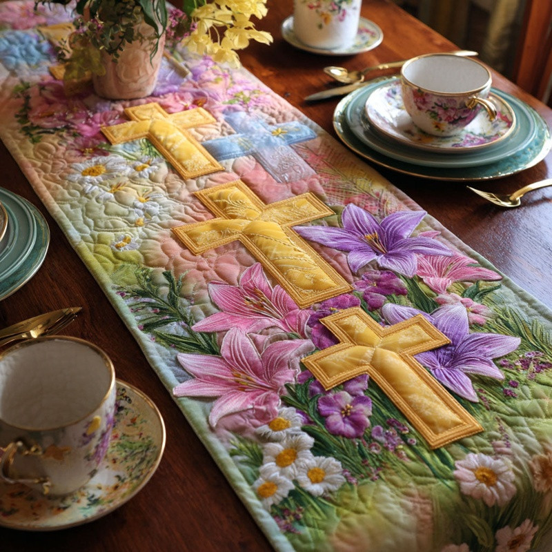 Hope Cross Quilted Table Runner Religious Easter Table Decor Gift For Christians