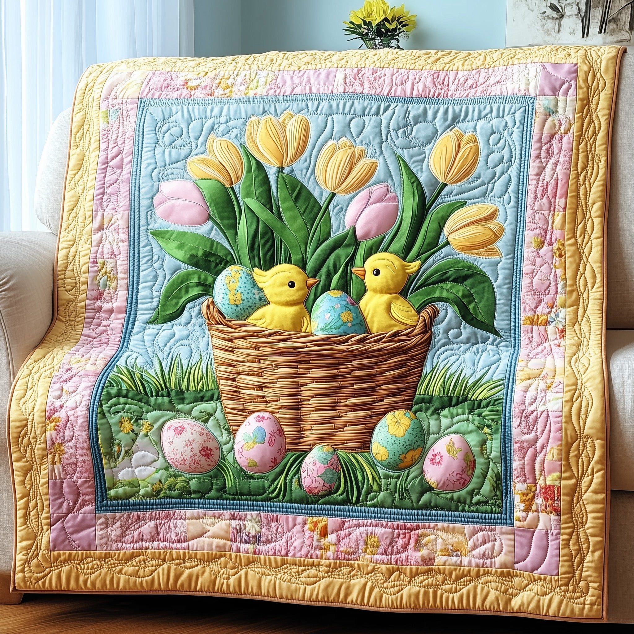 Hoppy Easter Chick Quilted Blanket Cute Bed BlanketEaster Gifts For Family