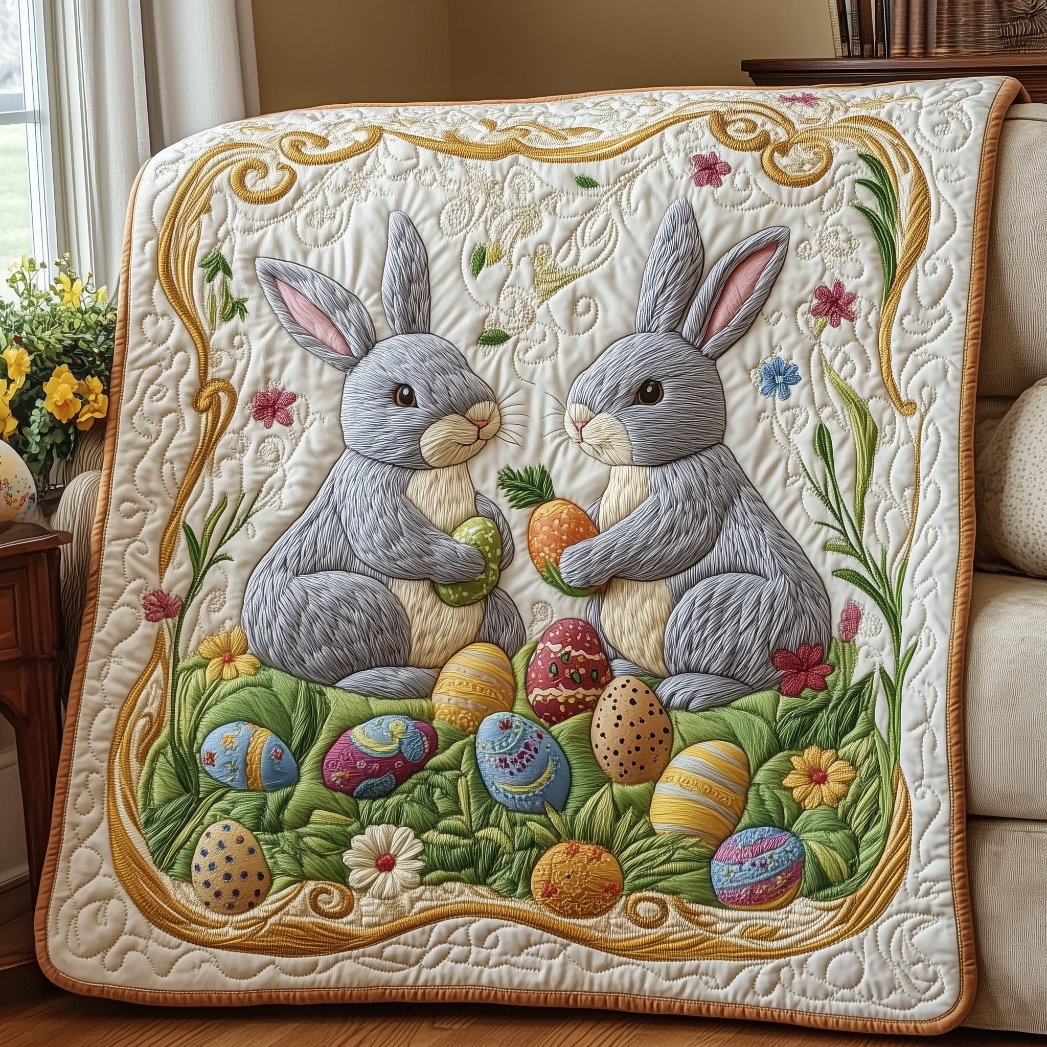 Hoppy Easter Quilted Blanket Cute Cozy BlanketBunny Easter Gifts For Men