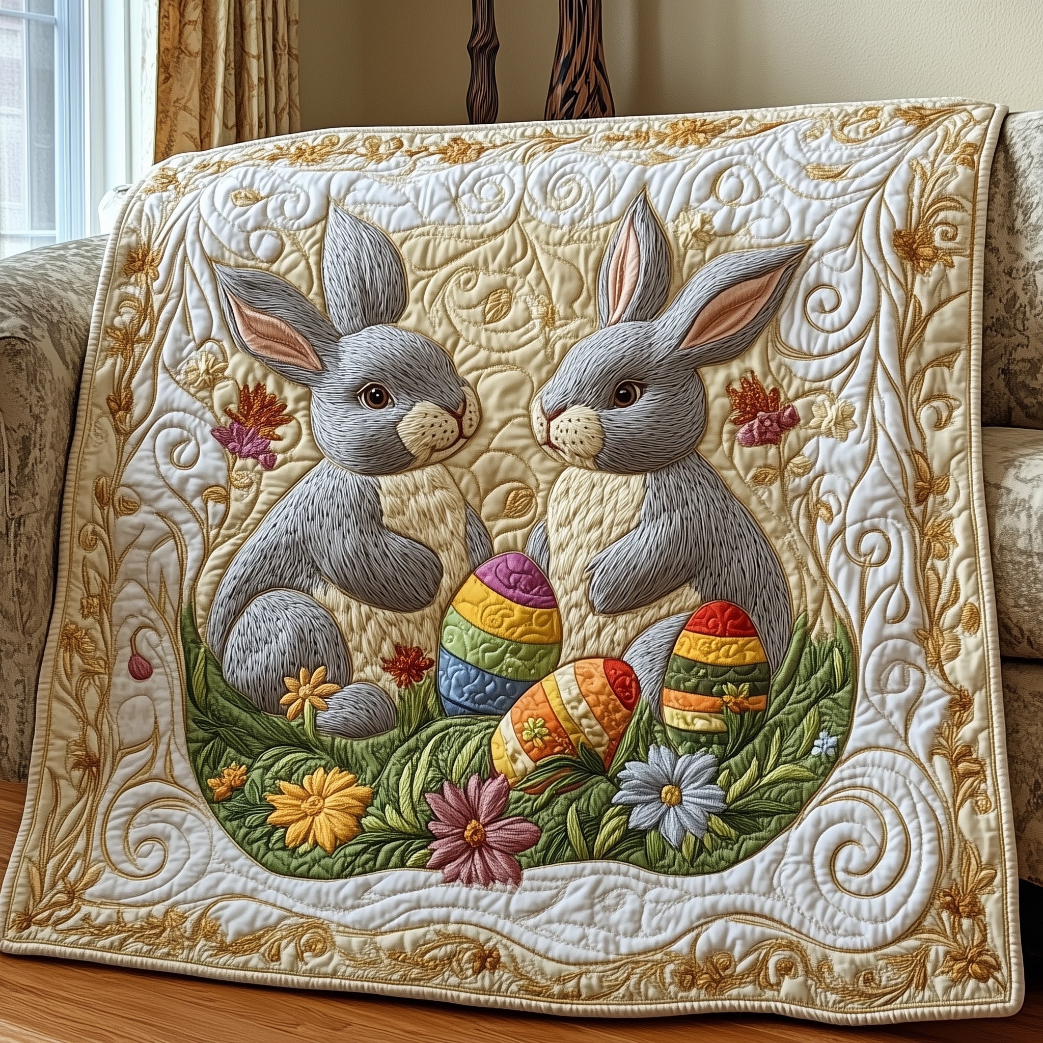 Hoppy Easter Quilted Blanket Cute Cozy BlanketBunny Easter Gifts For Women