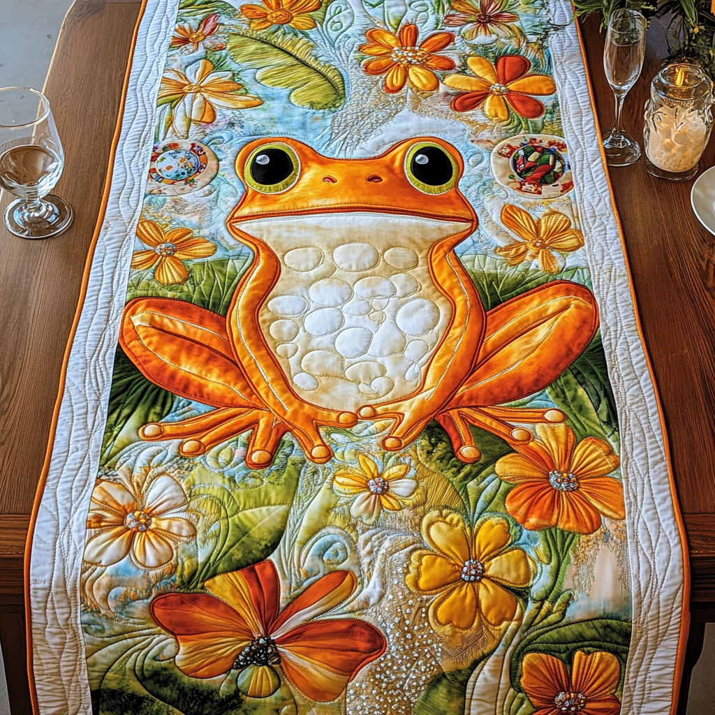Hoppy Frog Quilted Table Runner Dining Room Decor Unique Gifts For Hippies