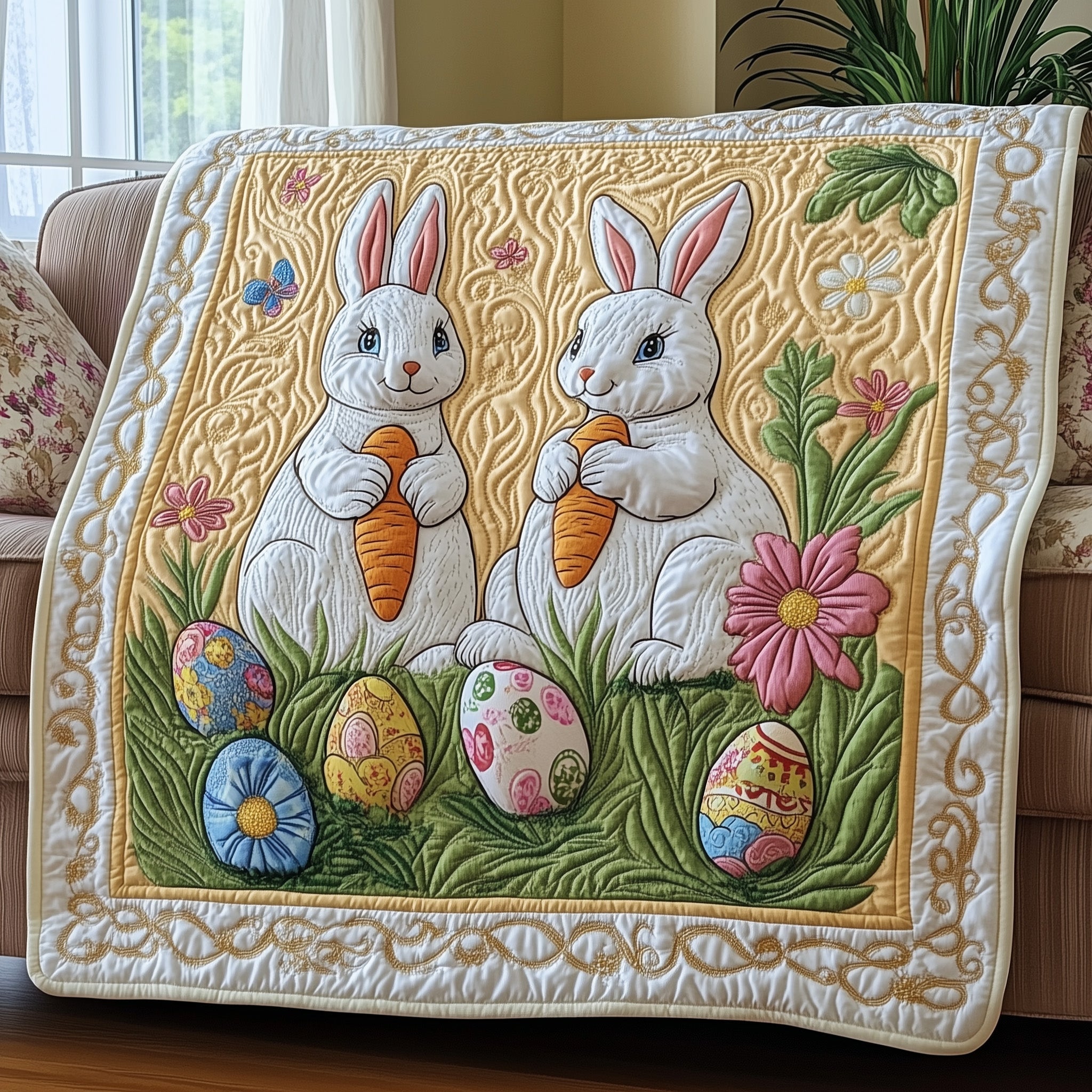 Hoppy Haven Quilted Blanket Cute Cozy BlanketBunny Cute Easter Themed Gifts