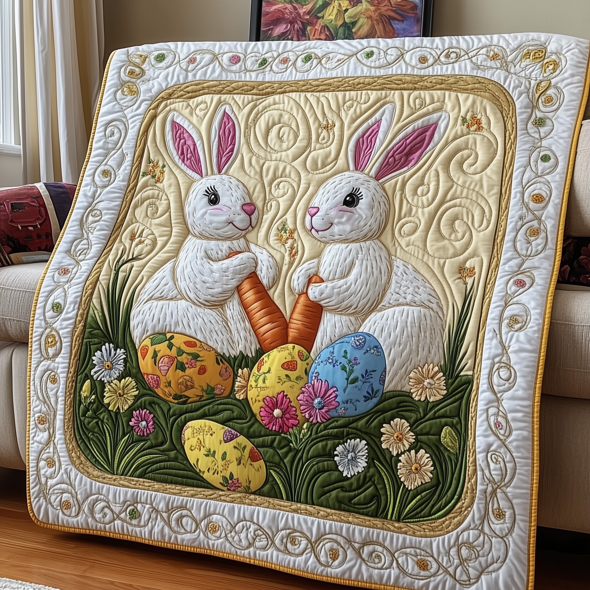 Hoppy Haven Quilted Blanket Cute Cozy BlanketBunny Happy Easter Gift Ideas