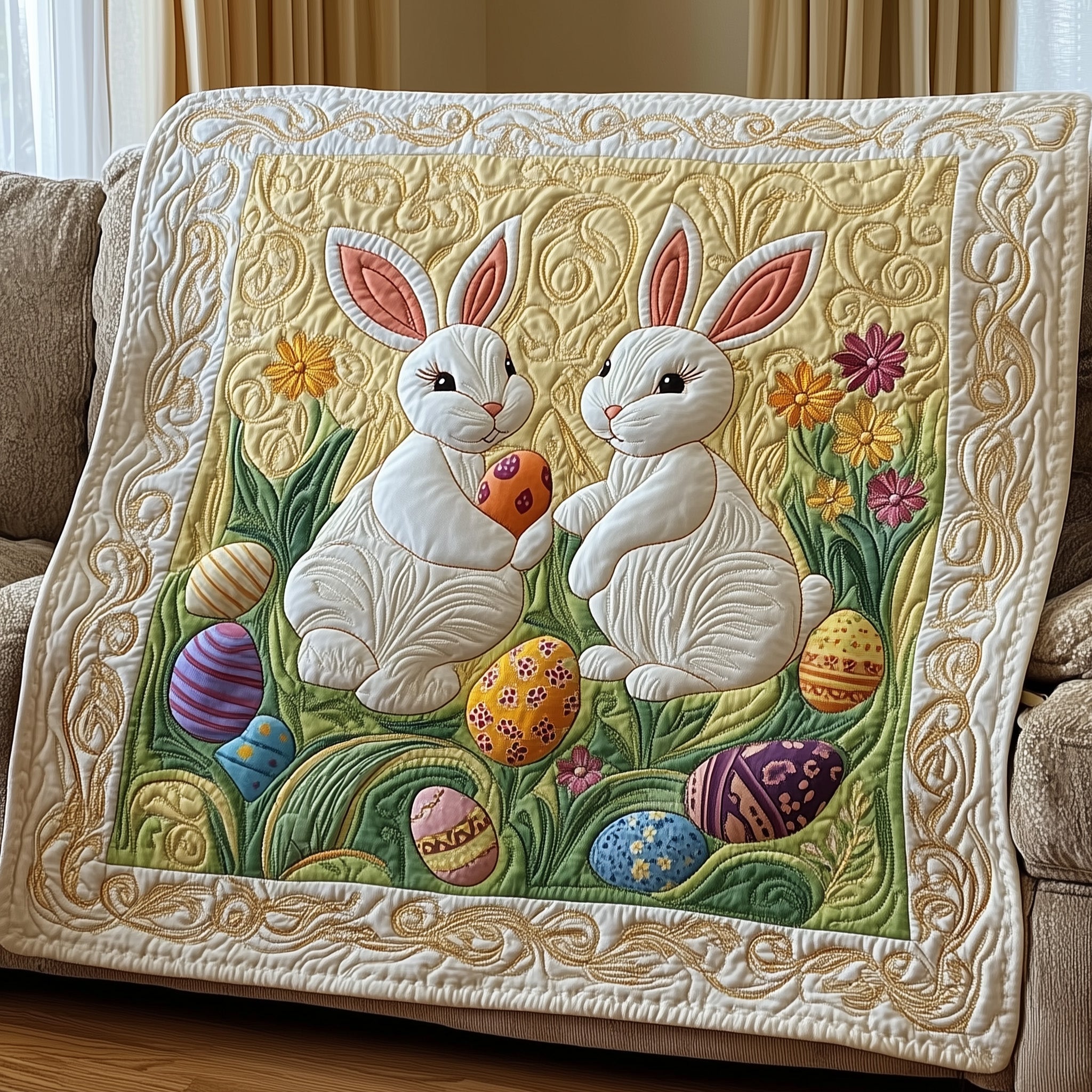 Hoppy Haven Quilted Blanket Cute Cozy BlanketBunny Happy Easter Holiday gifts