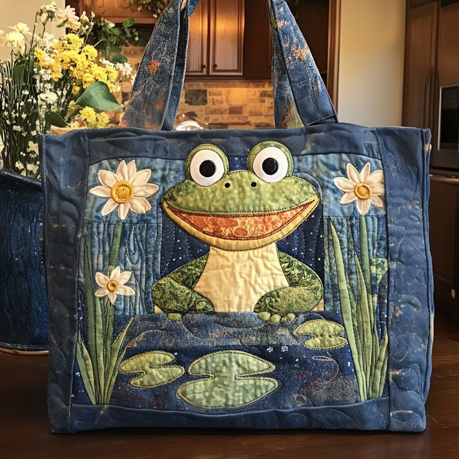 Hoppy Hour Quilted Tote Bag Funny Frog Gifts