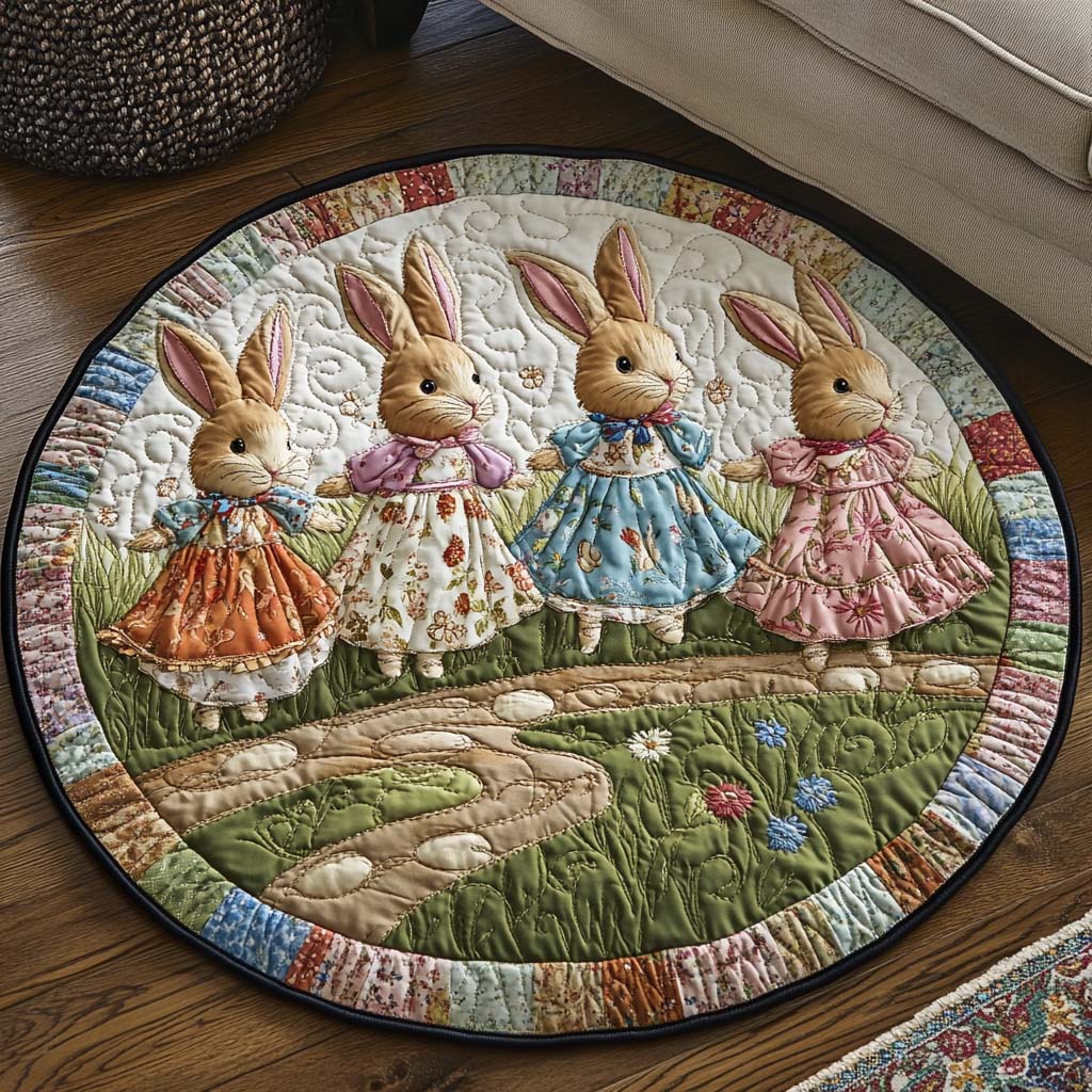 Hoppy Trails Quilted Round Mat Christmas Entry Way Decor Bunny Rabbit Presents