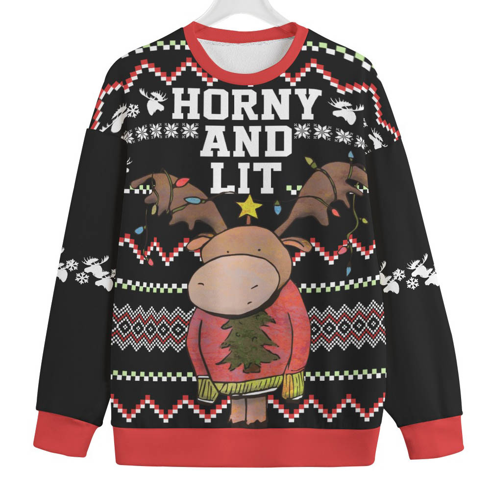 Horn And Lit Moose Plus Size Christmas Sweater Funny Holiday Sweater for Family Gatherings