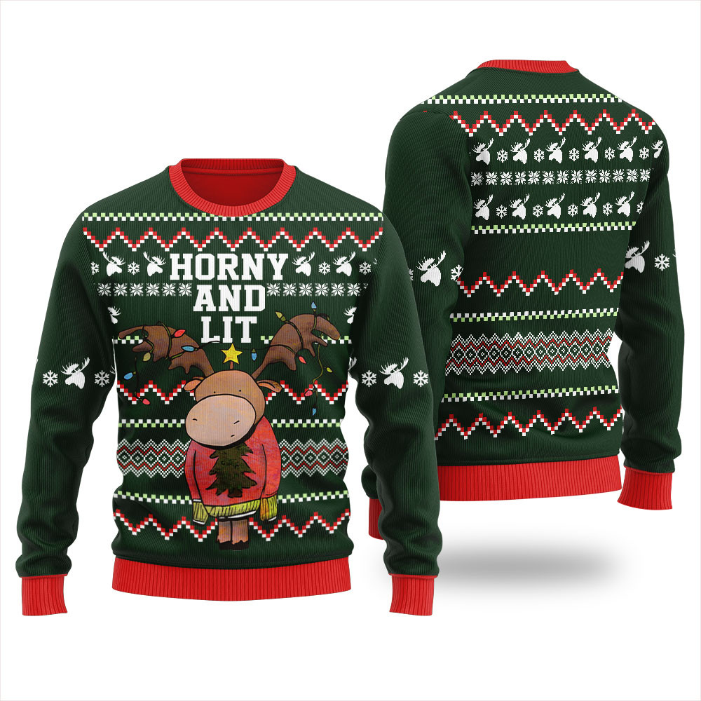Horn And Lit Moose Ugly Christmas Sweater Merry Christmas Sweatshirt for Holiday Fun