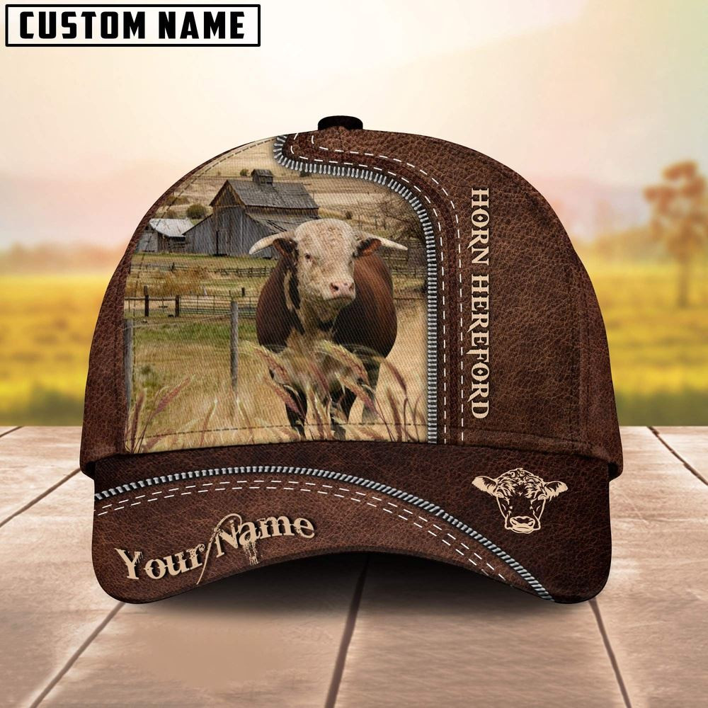 Horn Hereford Customized Name Leather Pattern Cap Farm Cap Farmer Baseball Cap Gift For Farmer