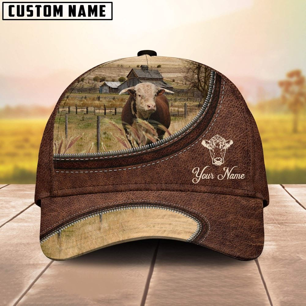 Horn Hereford On The Farm Customized Name Leather Pattern Cap Farm Cap Farmer Baseball Cap Gift For Farmer