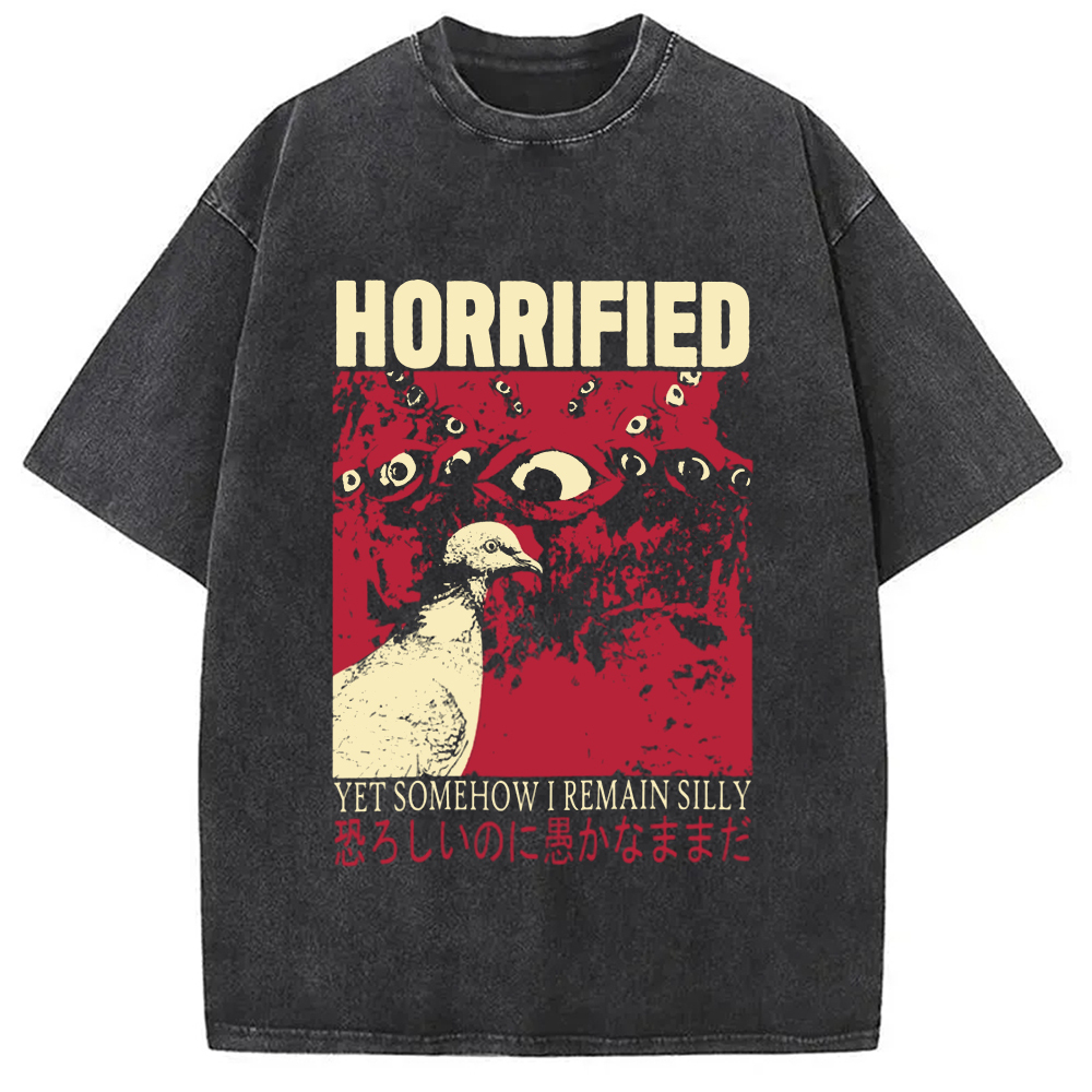 Horrified Pigeon Vintage Washed T-Shirt Unique Aesthetic Fashion Tee Gifts For Friends